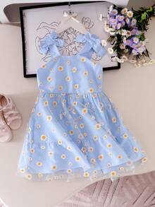 Toddler Girls' Blue Daisy Print Mesh Striped Sleeveless Bow Tie Waist Princess Dress, Summer Beach Holiday Outdoor Play - Blue - View 7