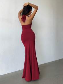 Glamine Đầm maxi màu đỏ rượu vang gợi cảm cổ chữ V, dây buộc cổ, lưng hở, không tay, xếp ly, thích hợp cho biểu diễn, câu lạc bộ, hẹn hò, đường phố, thu đông, thanh lịch, dạ hội, tiệc tùng, sinh nhật, tiệc tùng, lễ tình nhân. - Màu Đỏ Sâu - Xem 2