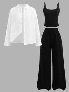SHEIN 3 PiecesElegant Outfit For Teen Girls: Black & White Sheer Shirt, Camisole, And Wide Leg Pants - Black and White - View 1