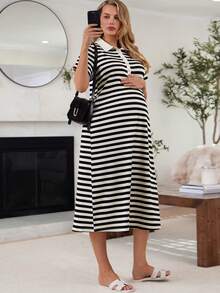SHEIN 孕妇夏季休闲通勤黑白条纹印花Polo领连衣裙 - 黑與白 - 查看 4