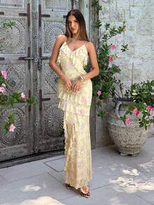 Aloruh Đầm đi biển dáng ôm thanh lịch dành cho nữ, có viền bèo nhún và họa tiết hoa. - Nhiều màu - Xem 5