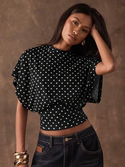 SHEIN BAE Women's Casual Polka Dot Print Batwing Sleeve Cropped T-Shirt, Summer Polkadot Top Puff Sleeve Tops Black Crop Top Women