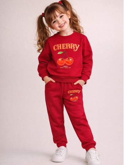 conjunto 2 piezas pants y sudadera con estampado cherry tela afelpada