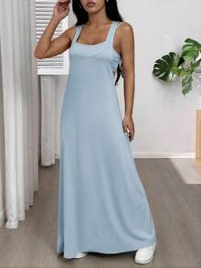 SHEIN EZwear 女士纯色简约设计休闲长裙，夏季 - 藍色 - 查看 3