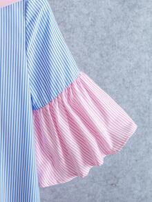 SHEIN 两件套少女休闲时尚衬衫裙+披肩套装，多色条纹撞色衬衫裙，喇叭袖，中长款连衣裙，适合度假、日常穿着、上学等场合。 - 彩色 - 查看 5