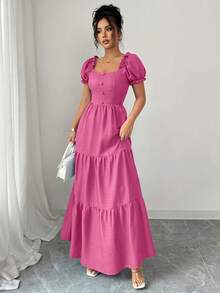 Elenzga Vestido largo elegante para mujer con cuello único, patchwork multicapa, ribete de volantes, diseño estilizante con capas escalonadas, para días festivos, estilo bohemio, romántico y casual de vacaciones - Rosa - Ver 5