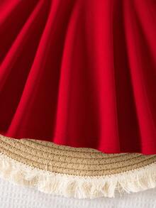 SHEIN Baby Girl Solid Color Ruffle Trim Asymmetric Shoulder Ruffle Sleeve Dress - Red - View 6