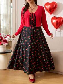 Solflare Bộ đồ 2 món dành cho nữ cỡ lớn: áo khoác cardigan buộc dây phía trước màu trơn và váy hai dây in họa tiết quả anh đào, thích hợp cho mùa xuân/hè. - Nhiều màu - Xem 4