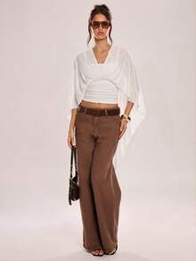 Avenya Knitted Tight Shawl Collar Flowy Tie T-Shirt Top - White - View 5