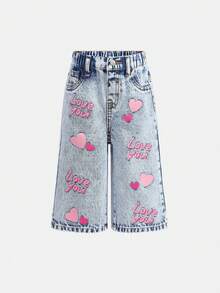SHEIN Baby GirlPink Heart Pattern Loose Straight Leg Blue Denim Pants - Blue - View 5