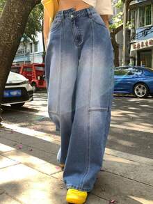 FRIFUL 女士带口袋纽扣休闲百搭日常穿着阔腿牛仔裤 - 藍色 - 查看 5