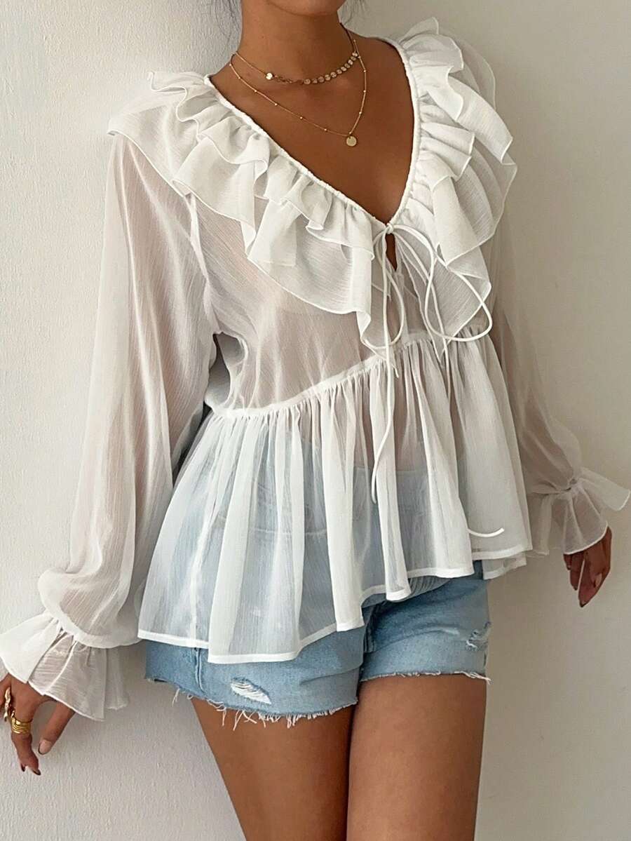 Aloruh Women's Elegant Romantic Sexy Fashionable Vacation/Date White Sheer Ruffled Chiffon Blouse, Spring/Summer - White - View 1
