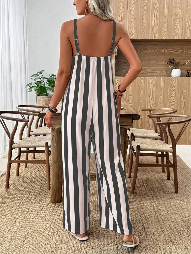 EMERY ROSE Casual Minimalist Style Vacation Striped Wide Leg Jumpsuit For Women, Suitable For Spring/Summer Vacation - Multicolor - View 2