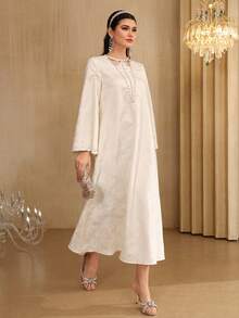 Al Najma Women's Apricot Jacquard Long Sleeve Elegant Rhinestone Embellished Loose Fit Dress - Apricot - View 6