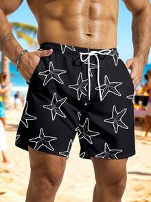 Manfinity Swimmode Men's Summer Vacation Style Starfish Print Drawstring Waist Slant Pocket Loose Beach Shorts - Black - View 5