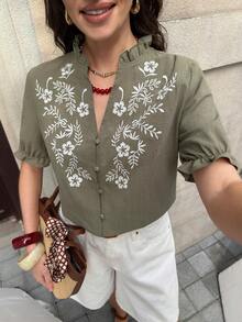 Solivie 女士优雅刺绣衬衫，春夏短袖衬衫，度假优雅波西米亚风夏季外出上衣 - 綠色 - 查看 7