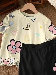 两件套少女休闲碎花、蝴蝶、爱心印花短袖上衣和短裤套装，适合夏季度假 - 彩色 - 查看 4
