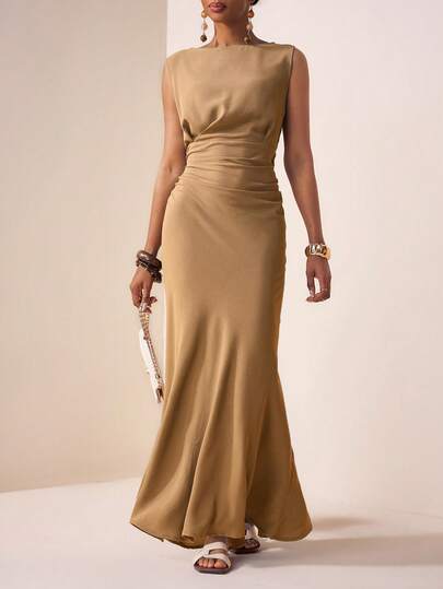 Zivah 2025 Spring New Arrival, Casual Commuting, High-End Elegant, Minimalist, Street Fashion, Khaki Brown Sleeveless Boat Neck Side Invisible Zipper Pocket Waist Pleated Decor Dress