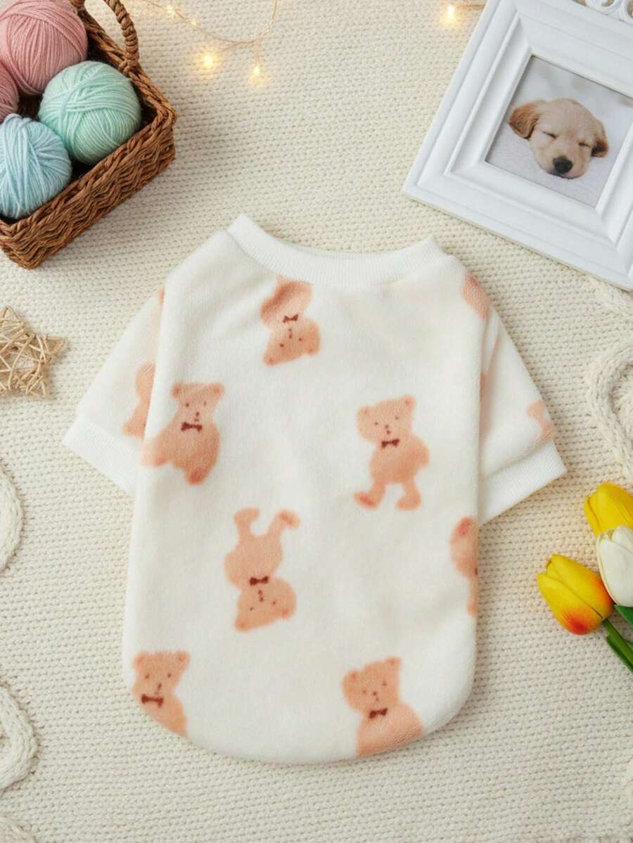 PETSIN 1件米色小熊图案法兰绒宠物可爱小熊冬季加厚保暖服 - 彩色 - 查看 1