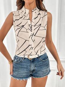 SHEIN Essnce 女士休闲几何印花无袖翻领衬衫，夏季 - 杏色 - 查看 5