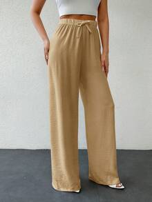 SHEIN Tall Tall Cottonline Knot Solid Color Casual Women's Pants - Brown - View 3