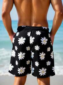 Manfinity Swimmode 男士雏菊印花抽绳腰带沙滩短裤 - 黑色 - 查看 2