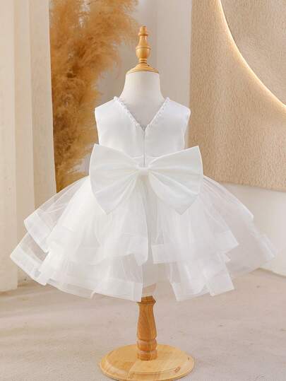 Glamorique Kids Party 4-Season Baby Girls' White Pearl Collar Sleeveless Backless Bow Waist Layered Tulle Skirt Elegant Princess Dress For Wedding/Party