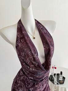 Sweetra Đầm mùa hè nữ phong cách Mỹ cổ điển, thiết kế in họa tiết, gợi cảm, cổ xếp ly, eo nhún, vạt bất đối xứng. - Nhiều màu - Xem 6