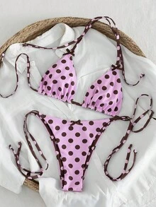 Swim Mod Women's Spring/Summer Beach Music Festival Polka Dot Print Bow Tie, No Cup, Reversible Halter Beautiful Back Bikini Set - Multicolor - View 3