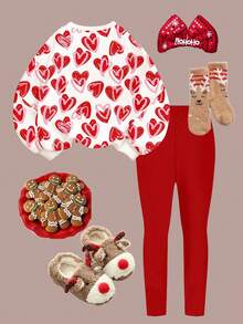 SHEIN Pink & Red Cute Hand-Drawn Cartoon Heart Print Sweatshirt & Leggings Set, Cozy & Soft, Suitable For Valentine's Day, Holidays, Young Girls, Casual Everyday & Home Wear, Autumn/Winter - Multicolor - View 2