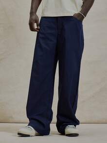 Wide Leg Baggy Style Nylon Basic Trouser Pant Button Up Belt Loop Detailing Winter Essentials - Navy Blue - View 2