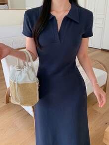 DAZY Women's Collared Fitted Waist Half-Zip Mid-Length Dress, Navy Blue - Navy Blue - View 1