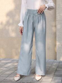 SHEIN Lacomfia Pleated Design Loose Blue Casual Elastic Waist Pants - Blue - View 4