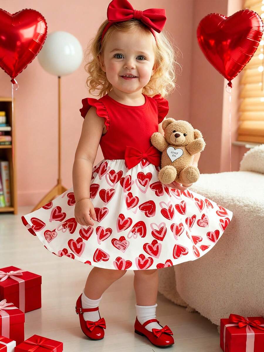 1件适合6个月至2-3岁女婴的甜美爱心设计连衣裙，红白爱心印花+大蝴蝶结装饰，喇叭袖，轻薄面料，可爱公主风，适合情人节/日常穿着，夏季 - 彩色 - 查看 1
