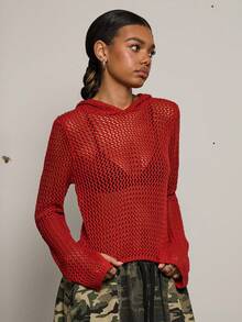 COUREZ Open Knit Hooded Top Long Sleeve /Y2K Spring Clothes For Women Street Streetwear Cute Going Out Outfits Causal Knit Party Rave Knit Cardigan Summer Trousers Summer Outfits Funnel Neck Knit - Red - View 6