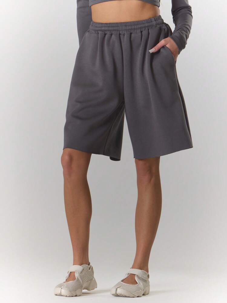 MUSERA Elasticated Tie Waist Longline Jogger Shorts Summer, Sporty, Casual, Day, Streetstyle, Streetwear - Grey - View 3