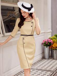 Vintamour 复古优雅女士撞色连衣裙，夏季白色，七分袖，直筒连衣裙，圆领设计，尽显古典韵味。这款连衣裙适合优雅的商务休闲场合，是女士工作服、白色连衣裙、优雅得体连衣裙、外出装、办公室礼服、教堂礼服等各种场合的理想之选。 - 卡其色 - 查看 6