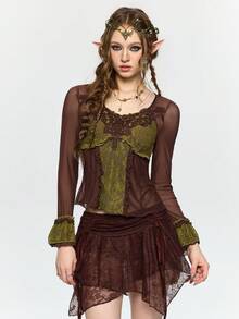 ROMWE Fairycore 仙女风蕾丝拼接荷叶边长袖修身女式上衣 - 棕色 - 查看 7