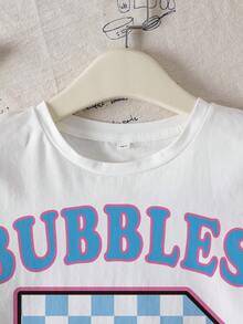THE POWERPUFF GIRLS X SHEIN Tween Girl Letter & Bubbles Pattern Round Neck Short Sleeve T-Shirt - White - View 5
