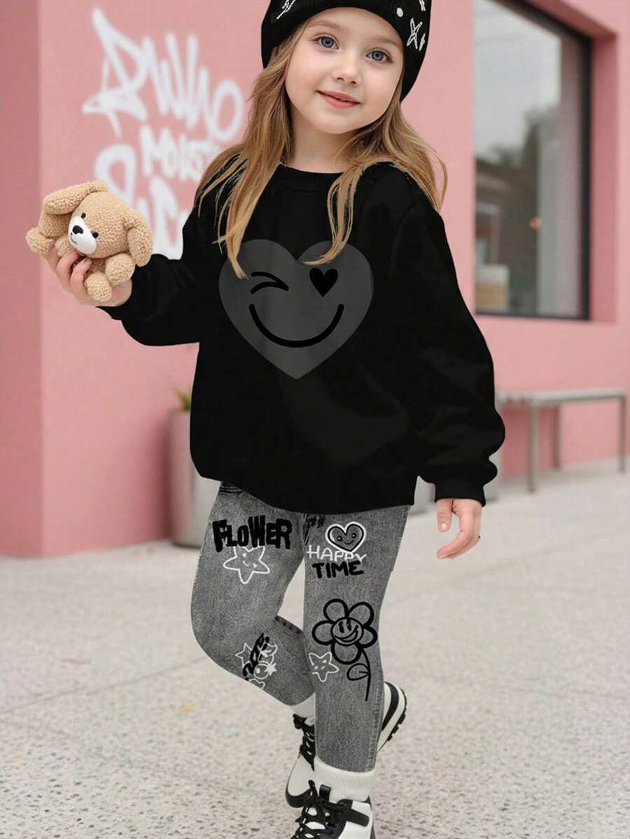 全黑涂鸦可爱爱心和人脸图案,适合年轻女孩休闲舒适柔软加厚保暖的圆领长袖卫衣和打底裤,适合日常穿着、居家、外出、休闲假期、舒适季节、秋冬季穿搭,轻松舒适,适合小女孩秋冬季叠穿,时尚年轻女孩,休闲装,儿童涂鸦爱心图案服装,秋冬服装,时尚秋季,新款式,冬季时尚,清凉舒适 - 彩色 - 查看 1