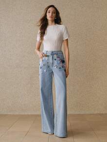 Anewsta 女士时尚魅力性感水钻彩色花卉浪漫派对度假蓝色直筒牛仔裤 - 藍色 - 查看 6