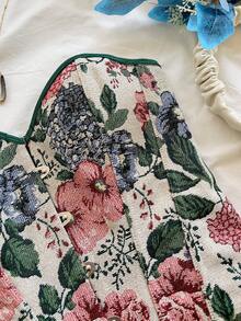 Soleia Áo croptop quây ngực kiểu cung đình cổ điển dành cho nữ, in họa tiết hoa jacquard nhiều màu sắc, có cúc và dây buộc phía sau. - Màu be - Xem 3