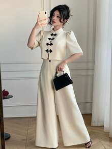 Celisse Women's Elegant Commuter Button-Up Shirt And Wide Leg Pants 2 Pieces Set - Apricot - View 6