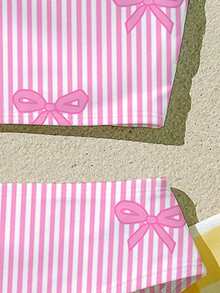 Cute Striped Bow Print, Cream Pink, Beach Vacation, #Coconutgirl, Tween Girls Casual Minimalist Camisole & Triangle Bikini Swimsuit Set, Suitable For Summer Princess Chic, Little Stars, Tween Girl Swimwear, Vacay Romance - Pink - View 6