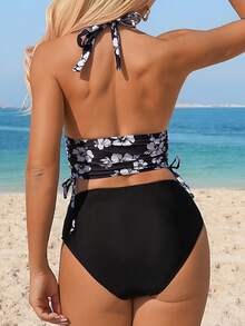 Swim Lushoire 女士两件套印花抽绳泳衣套装，夏季黑色高腰比基尼泳衣套装，高腰收腹泳衣，两件套印花泳装，Swim Oasis 两件套 - 彩色 - 查看 2