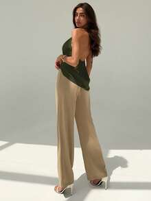 Aloruh Minimalist Commuter Halter Chic Plunging Neckline Bodycon Cami Top For Women - Army Green - View 7