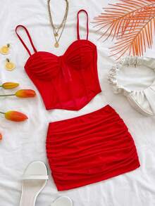 Soleia 新款性感V领抹胸吊带衫搭配低腰迷你裙两件套，修身剪裁，适合约会、情人节、新年、波西米亚风、度假、秋季女装、复古风、节日装扮 - 紅色 - 查看 3