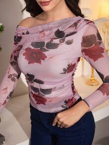Modelyn Áo thun nữ in hoa, chất liệu lưới, xếp ly, vai lệch, kiểu dáng thường ngày, thời trang cho những buổi đi chơi và hẹn hò, mùa thu. - Hồng - Xem 5