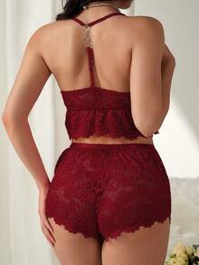 SHEIN Women's Lace Ruffle Trim Sexy Spaghetti Strap Sleepwear Set - Burgundy - View 2