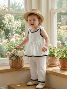 Souflis Souflis Baby Girl Contrast Binding Bow Detail Peplum Top & Elastic Waist Wide Leg Pants Set, Spring/Summer - White - View 2